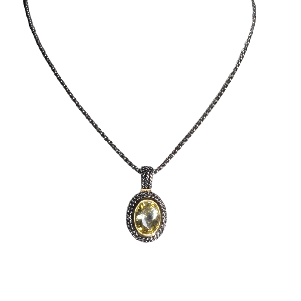 Silver Tone Rope Chain with Gem Cut Citrine Pendant